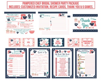 Imprimíveis do pacote de festa de chá de panela do chef mimado - convite para chá de panela do chef mimado, cartões de receitas, agradecimento e jogos - chá de cozinha