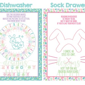 May include: Two Easter-themed printable activity sheets with a pastel color scheme. The first sheet features a decoder wheel with a bunny and chick illustration. The second sheet has a bunny outline with the text "Reading in reverse is tricky to do, but it must be done, if you'd like your next clue!" and "I emoc ni stes fo owt. designs voy tup em no erofeb ruoy eohs."