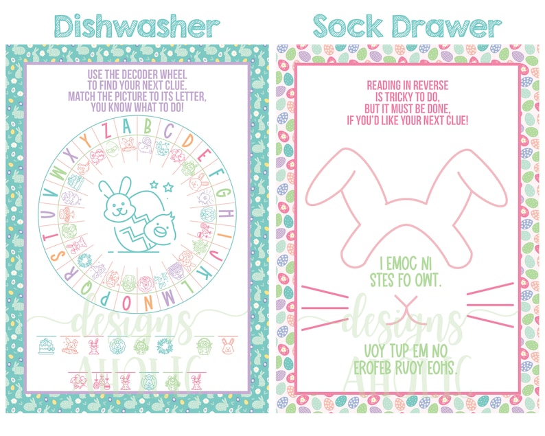 May include: Two Easter-themed printable activity sheets with a pastel color scheme. The first sheet features a decoder wheel with a bunny and chick illustration. The second sheet has a bunny outline with the text "Reading in reverse is tricky to do, but it must be done, if you'd like your next clue!" and "I emoc ni stes fo owt. designs voy tup em no erofeb ruoy eohs."