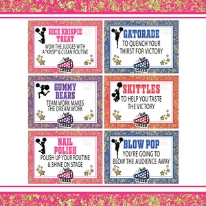 May include: Six colorful printable gift tags with cheerleading themes. Each tag features a cheerleader silhouette, a candy or drink, and a cheer-related message. The tags are decorated with glitter and stars.