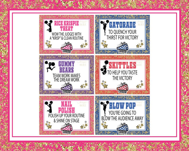 May include: Six colorful printable gift tags with cheerleading themes. Each tag features a cheerleader silhouette, a candy or drink, and a cheer-related message. The tags are decorated with glitter and stars.