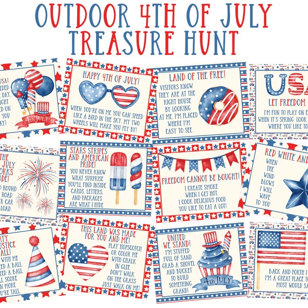 Outdoor 4th of July Treasure Hunt Clues - Outdoor 4th of July Scavenger Hunt Clues - 4th of July Hunt - 4th of July Party Games Activities