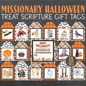 May include: A set of 18 printable Halloween gift tags featuring various Halloween-themed illustrations and scripture verses. The tags are designed with a black and white plaid pattern and have a black and white bat pattern on the back. The tags are perfect for adding a fun and festive touch to your Halloween treats.