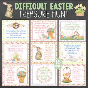 Puede incluir: Un conjunto de 16 pistas de búsqueda del tesoro de Pascua coloridas con conejos, cestas y huevos. Las pistas están impresas en tarjetas blancas con un borde rosa y verde. El texto en las tarjetas incluye rimas y acertijos.