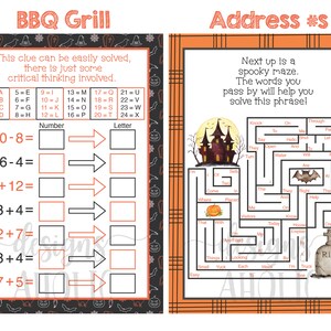 May include: A printable Halloween-themed activity sheet with a spooky maze and a math puzzle. The maze features a haunted house and a bat, and the math puzzle asks you to solve simple addition and subtraction problems to find the corresponding letter. The text on the sheet reads "BBQ Grill" and "Address #S".