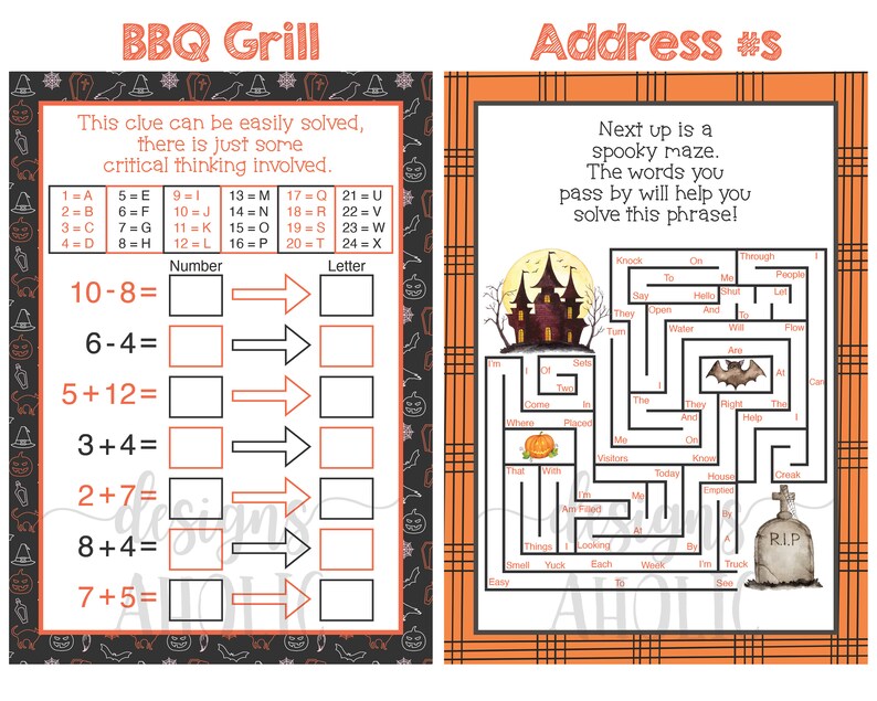 May include: A printable Halloween-themed activity sheet with a spooky maze and a math puzzle. The maze features a haunted house and a bat, and the math puzzle asks you to solve simple addition and subtraction problems to find the corresponding letter. The text on the sheet reads "BBQ Grill" and "Address #S".
