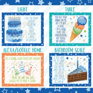 May include: A set of four printable signs with blue, orange, and green watercolor backgrounds. Each sign features a different household item with a humorous caption. The signs are perfect for adding a touch of humor to your home decor.