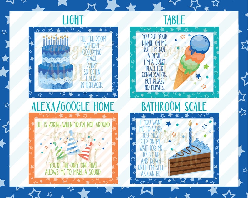May include: A set of four printable signs with blue, orange, and green watercolor backgrounds. Each sign features a different household item with a humorous caption. The signs are perfect for adding a touch of humor to your home decor.