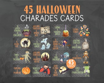 Peut inclure: 45 cartes de charades d'Halloween avec des images illustrées sur des cartes noires. Les images comprennent une sorcière remuant un chaudron, un chat noir, un fantôme amical, une sorcière chevauchant un balai, une personne marchant dans un cimetière, une personne faisant des tours ou des friandises, une momie marchant dans une maison hantée, un scientifique fou, un épouvantail, une personne sculptant une citrouille, Dracula le vampire, des chauves-souris volant dans la nuit, une personne marchant comme Frankenstein et un monstre vert.