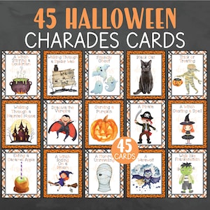 45 Charadas de Halloween - Jogo de Charadas de Halloween - Jogos de Halloween - Jogos de Festa de Halloween - Cartas de Charadas de Halloween - Charadas de Natal