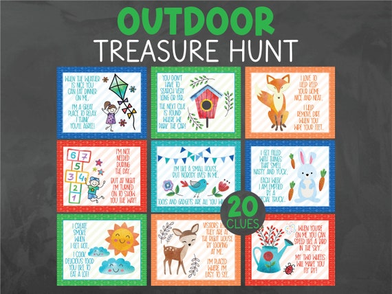 Outdoor Treasure Hunt Clues - Outdoor Scavenger Hunt Clues - Outdoor Game Printables - Printable Treasure Hunt Clues - Printable Kids Games