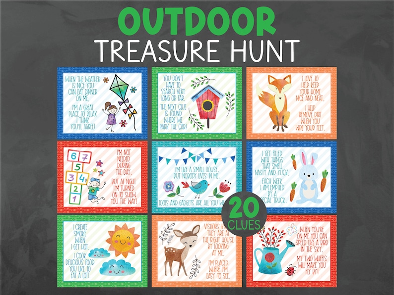 May include: A set of 20 colorful cards with illustrations and rhymes for an outdoor treasure hunt game. The cards feature a variety of animals, objects, and activities, such as a birdhouse, a fox, a sun, a watering can, and a hopscotch game.