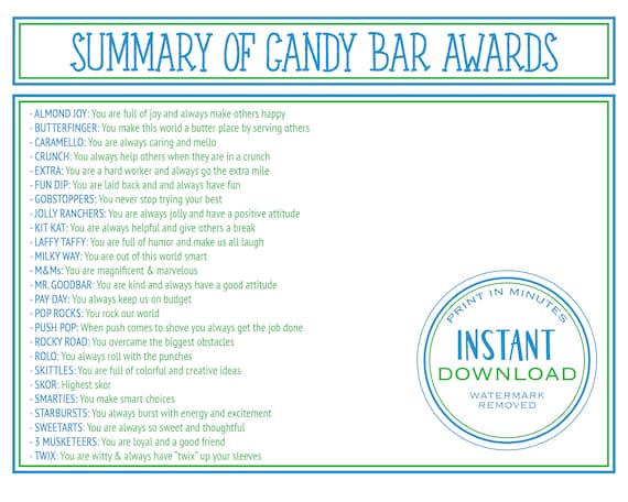 25 Individual Candy Bar Awards Candy Bar Award Certificates - Etsy