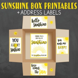 May include: Printable sunshine box labels with a yellow sun and the text "hello sunshine", "you are my sunshine", "sending you a box full of sunshine to brighten your day", "you make me happy", and "here comes the sun".