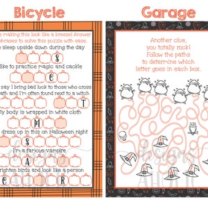 May include: A printable Halloween-themed word search puzzle for kids. The puzzle features a bicycle, a witch, a vampire, and a crow. The puzzle is designed to help kids learn about Halloween and its traditions.
