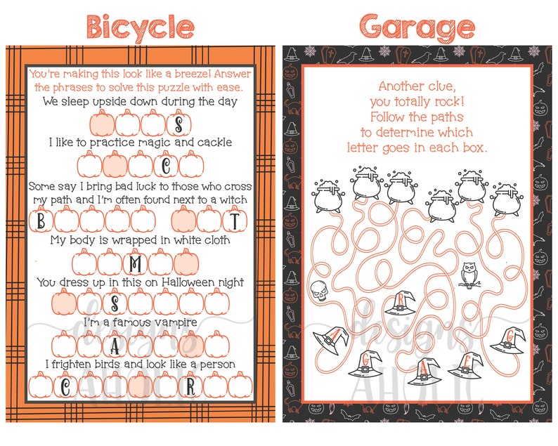 May include: A printable Halloween-themed word search puzzle for kids. The puzzle features a bicycle, a witch, a vampire, and a crow. The puzzle is designed to help kids learn about Halloween and its traditions.