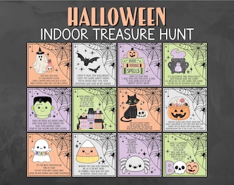May include: A set of 12 printable Halloween treasure hunt cards featuring various spooky characters and themes. Each card has a different riddle or clue to solve, with a colourful background of spiderwebs and stars.