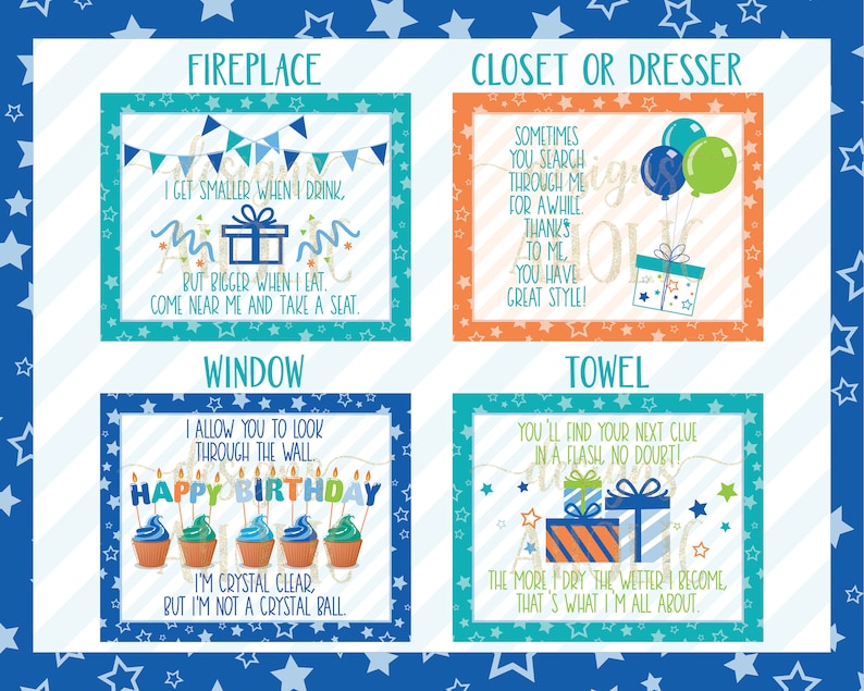 May include: A set of four blue and green printable cards with a birthday theme. Each card has a different room name and a riddle about that room. The cards are decorated with stars and stripes.