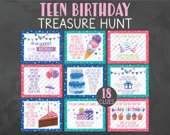 Op de afbeelding: Een set van 18 kleurrijke aanwijzingskaarten voor een tiener-verjaardags-schattenjacht. De kaarten bevatten illustraties van verjaardags-thema's zoals taart, ijs, ballonnen en cadeaus. De tekst op de kaarten bevat aanwijzingen en raadsels voor de schattenjacht.