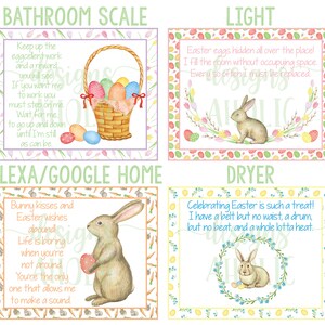 K&ouml;nnte beinhalten: Vier Oster-Schilder mit Hasenillustrationen und Reimen. Die Schilder sind mit "Bathroom Scale", "Alexa/Google Home", "Light" und "Dryer" betitelt.