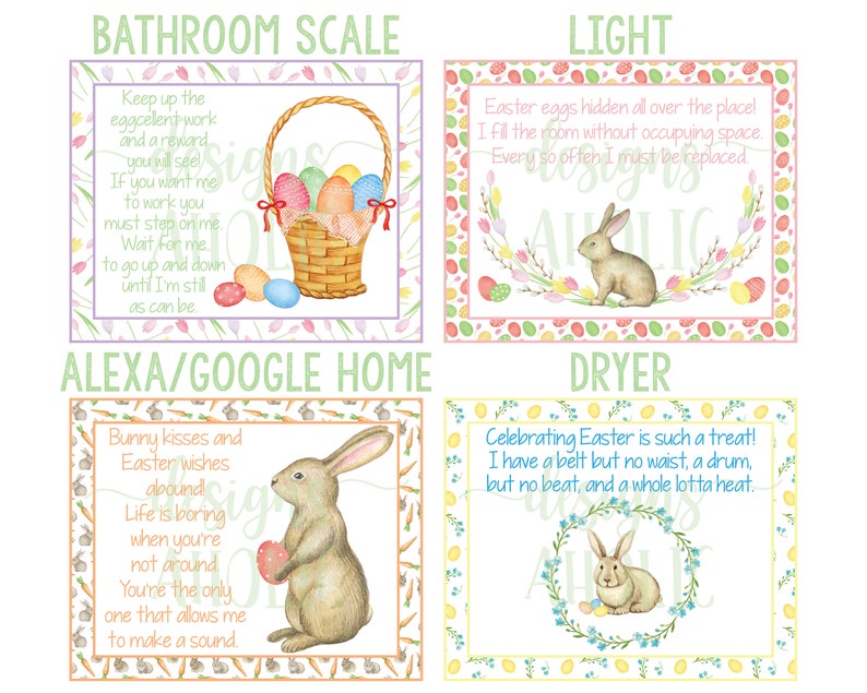 K&ouml;nnte beinhalten: Vier Oster-Schilder mit Hasenillustrationen und Reimen. Die Schilder sind mit "Bathroom Scale", "Alexa/Google Home", "Light" und "Dryer" betitelt.