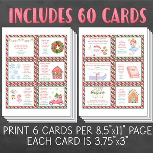 May include: A set of 60 printable Christmas-themed cards featuring festive illustrations and rhyming verses. The cards are designed to be printed on 8.5 x 11 inch paper, with each card measuring 3.75 x 3 inches.