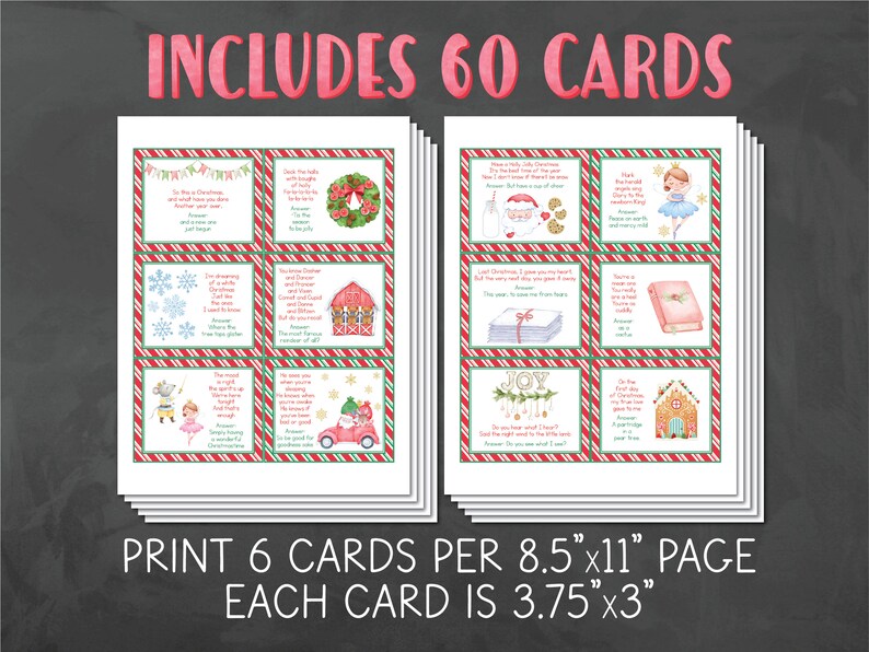 May include: A set of 60 printable Christmas-themed cards featuring festive illustrations and rhyming verses. The cards are designed to be printed on 8.5 x 11 inch paper, with each card measuring 3.75 x 3 inches.