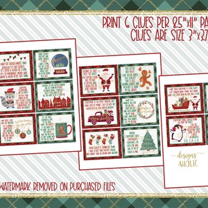 May include: A set of 12 printable Christmas scavenger hunt clues featuring festive illustrations and text. The clues are designed to be printed on 8.5 x 11 inch paper and cut into 3 x 3.75 inch squares. The text on the clues includes phrases like "I love your Christmas tree, it's extra grand" and "Christmas is the most magical time".