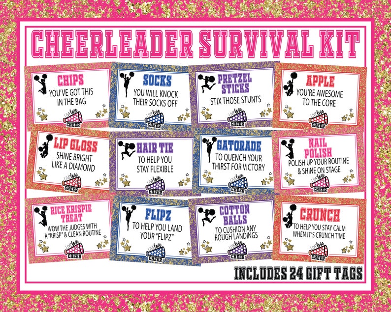 May include: A set of 24 colorful gift tags with glitter and a cheerleading theme. Each tag features a different cheerleading-related item, such as chips, socks, pretzel sticks, and lip gloss, with a short, fun description. The tags are perfect for a cheerleading party or as a gift for a cheerleader.
