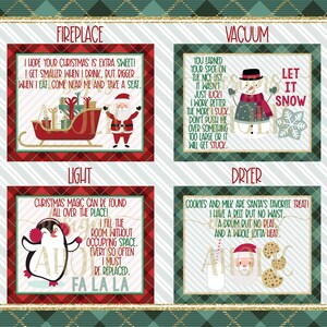 May include: A set of four Christmas-themed gift tags featuring illustrations of Santa Claus, a penguin, a snowman, and a milk carton. Each tag has a humorous caption related to a household appliance: fireplace, light, vacuum, and dryer.