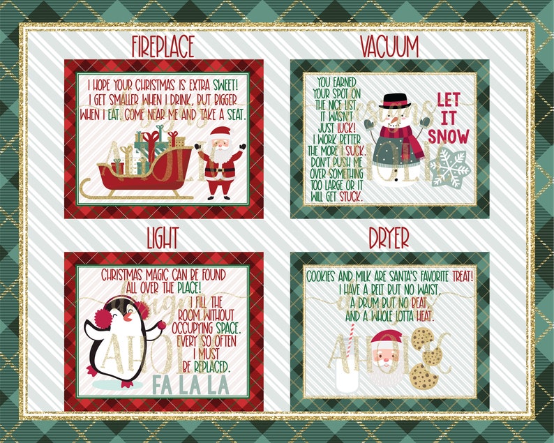 May include: A set of four Christmas-themed gift tags featuring illustrations of Santa Claus, a penguin, a snowman, and a milk carton. Each tag has a humorous caption related to a household appliance: fireplace, light, vacuum, and dryer.