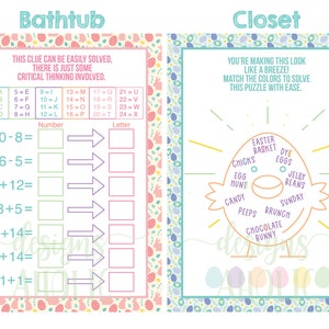 May include: A printable Easter-themed activity sheet with two sections: "Bathtub" and "Closet". The "Bathtub" section has a math puzzle with a code to solve. The "Closet" section has a color-matching puzzle with an Easter egg design.