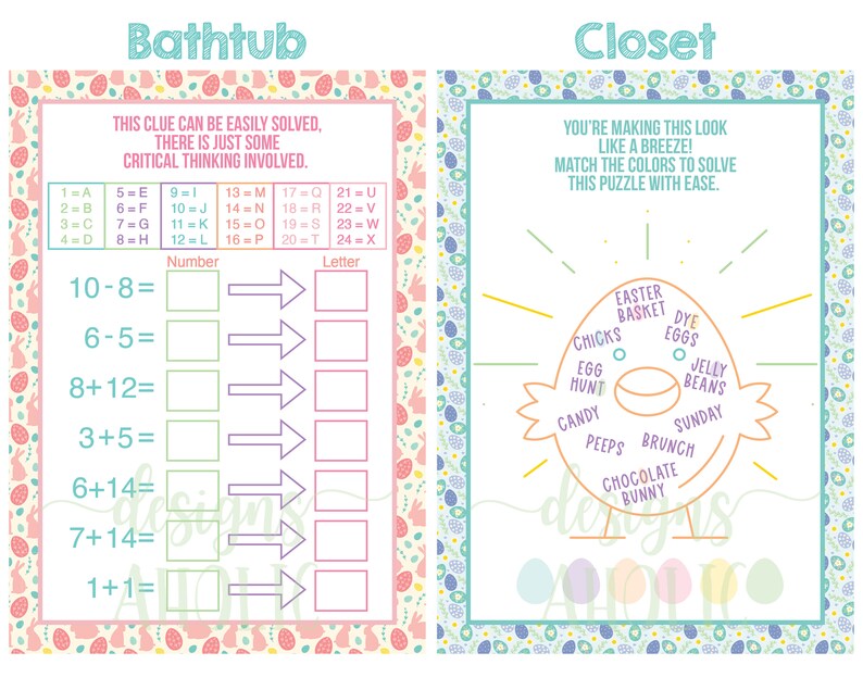 May include: A printable Easter-themed activity sheet with two sections: "Bathtub" and "Closet". The "Bathtub" section has a math puzzle with a code to solve. The "Closet" section has a color-matching puzzle with an Easter egg design.