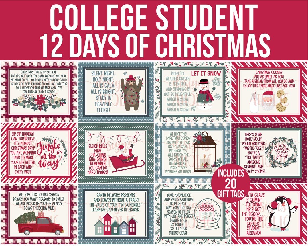 12 Days of Christmas College Student Gift Tags College Student 12 Days