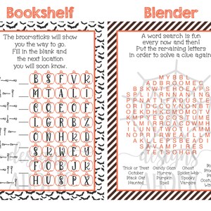 Op de afbeelding: Twee printbare Halloween-activiteitsbladen. Het eerste blad is een woordzoeker met de titel "Blender". Het tweede blad is een woordpuzzel met de titel "Bookshelf". Beide bladen hebben een zwart-oranje gestreepte achtergrond met vleermuizen.