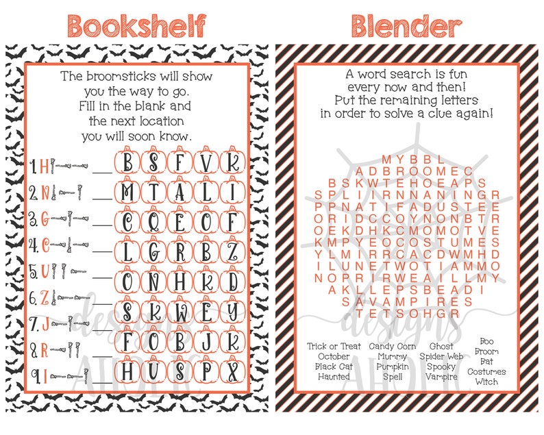 Op de afbeelding: Twee printbare Halloween-activiteitsbladen. Het eerste blad is een woordzoeker met de titel "Blender". Het tweede blad is een woordpuzzel met de titel "Bookshelf". Beide bladen hebben een zwart-oranje gestreepte achtergrond met vleermuizen.