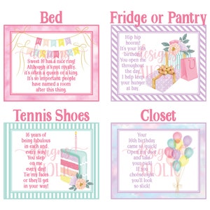 Op de afbeelding: Vier decoratieve borden met aquarel achtergronden en tekst. De borden zijn gelabeld met "Bed", "Fridge or Pantry", "Tennis Shoes" en "Closet". Elk bord heeft een ander ontwerp en een boodschap met betrekking tot een 16e verjaardag.