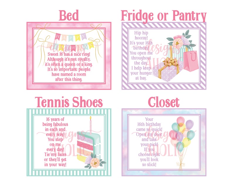 Op de afbeelding: Vier decoratieve borden met aquarel achtergronden en tekst. De borden zijn gelabeld met "Bed", "Fridge or Pantry", "Tennis Shoes" en "Closet". Elk bord heeft een ander ontwerp en een boodschap met betrekking tot een 16e verjaardag.