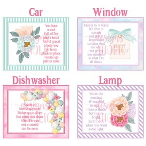 Op de afbeelding: Vier decoratieve borden met bloemen- en ballonnenontwerpen. De borden zijn gelabeld met "Car", "Window", "Dishwasher" en "Lamp". Elk bord heeft een ander kleurenschema en een uniek gedicht of bericht.