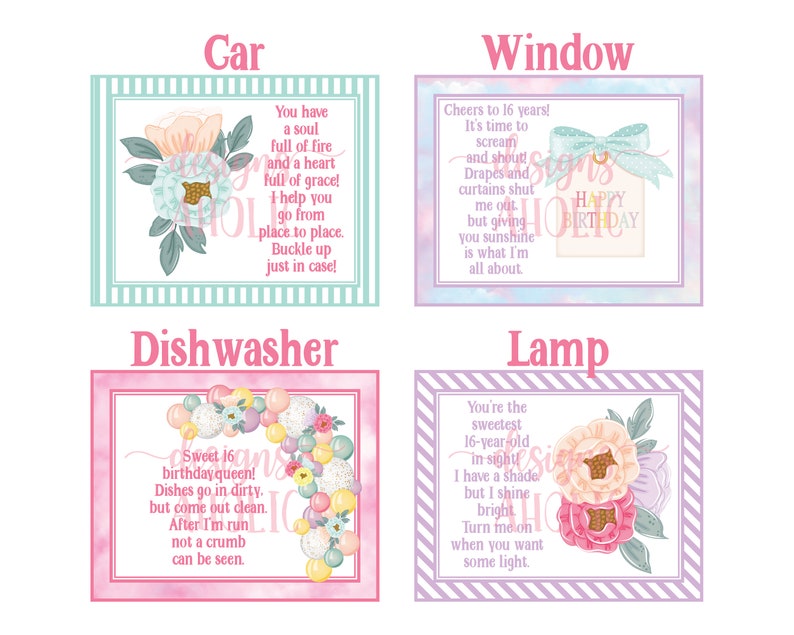 Op de afbeelding: Vier decoratieve borden met bloemen- en ballonnenontwerpen. De borden zijn gelabeld met "Car", "Window", "Dishwasher" en "Lamp". Elk bord heeft een ander kleurenschema en een uniek gedicht of bericht.