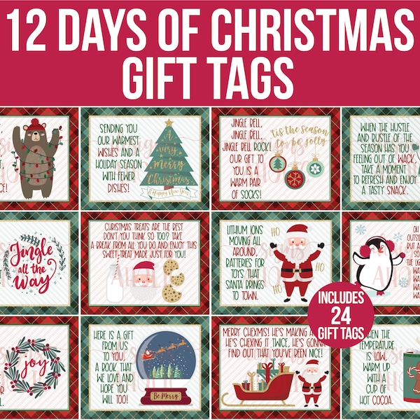 12 Days of Christmas Gift Tags - Printable 12 Days of Christmas Gifts - Secret Santa Gift - Neighbor, Friend, Teacher Christmas Gift Tags