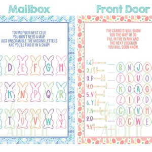 Pu&ograve; includere: Due cartelli a tema pasquale con colori pastello. Uno dice "Mailbox" e presenta lettere a forma di coniglietto da decifrare. L'altro dice "Front Door" e ha un puzzle a forma di uovo con lettere e carote.