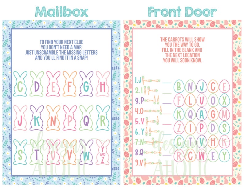 Pu&ograve; includere: Due cartelli a tema pasquale con colori pastello. Uno dice "Mailbox" e presenta lettere a forma di coniglietto da decifrare. L'altro dice "Front Door" e ha un puzzle a forma di uovo con lettere e carote.