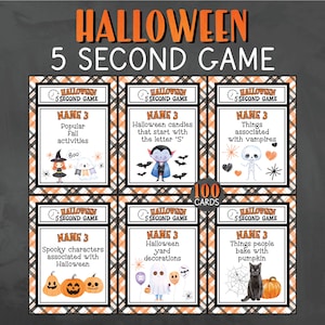 Puede incluir: Un juego de seis cartas de juego con temática de Halloween con fondos de cuadros naranja y negro. Cada carta tiene una consigna diferente para un juego de 5 segundos. Las consignas incluyen: "Nombra 3 actividades populares de otoño", "Nombra 3 dulces de Halloween que comiencen con la letra 'S'", "Nombra 3 cosas asociadas con los vampiros", "Nombra 3 personajes espeluznantes asociados con Halloween", "Nombra 3 decoraciones de jardín de Halloween", y "Nombra 3 cosas que la gente hornea con calabaza".
