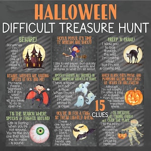 Difficult Halloween Treasure Hunt Clues - Teen Halloween Treasure Hunt - Challenging Halloween Scavenger Hunt - Teen Halloween Party Games