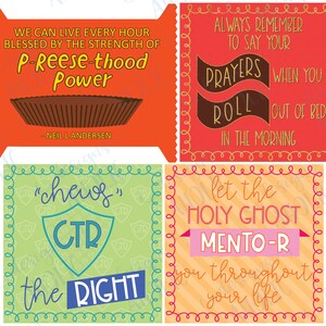 Puede incluir: Cuatro cuadrados coloridos con citas inspiradoras con tem&aacute;tica de dulces. El primer cuadrado es naranja con una taza de chocolate con mantequilla de man&iacute; y la cita "Podemos vivir cada hora bendecidos por la fuerza del poder P-Reese-thood - Neil Landersen". El segundo cuadrado es rojo con la cita "Recuerda siempre decir tus oraciones cuando te levantas de la cama por la ma&ntilde;ana". El tercer cuadrado es verde con la cita "'Chews' CTR the right". El cuarto cuadrado es naranja con la cita "Deja que el Esp&iacute;ritu Santo te gu&iacute;e a trav&eacute;s de tu vida".