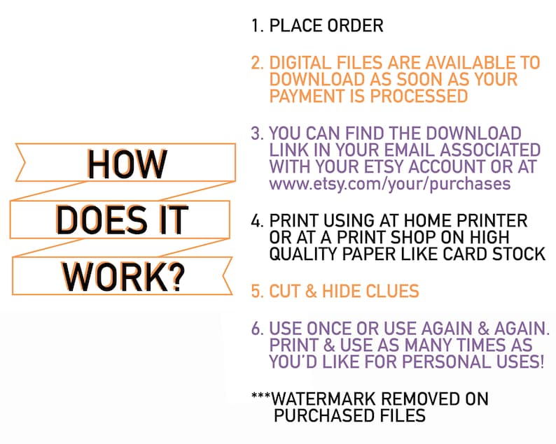 May include: Orange and black text on a white background explains how to use printable scavenger hunt clues. The text reads "How does it work?" and includes instructions for placing an order, downloading digital files, printing, cutting, and hiding clues. The text also states that the watermark is removed on purchased files.
