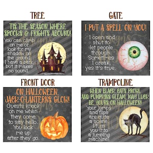 May include: Four illustrated Halloween-themed cards with spooky sayings. The cards feature a haunted house, an eye, a jack-o-lantern, and a black cat.
