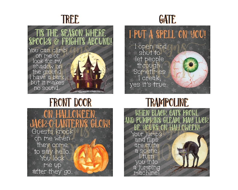 May include: Four illustrated Halloween-themed cards with spooky sayings. The cards feature a haunted house, an eye, a jack-o-lantern, and a black cat.