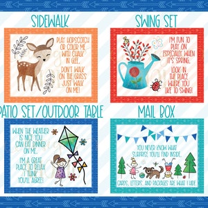May include: A set of illustrated cards featuring outdoor play areas. The cards are in a colorful style with a white background and blue borders. The cards feature a sidewalk, swing set, patio set/outdoor table, and mailbox. Each card has a short, playful description of the area.